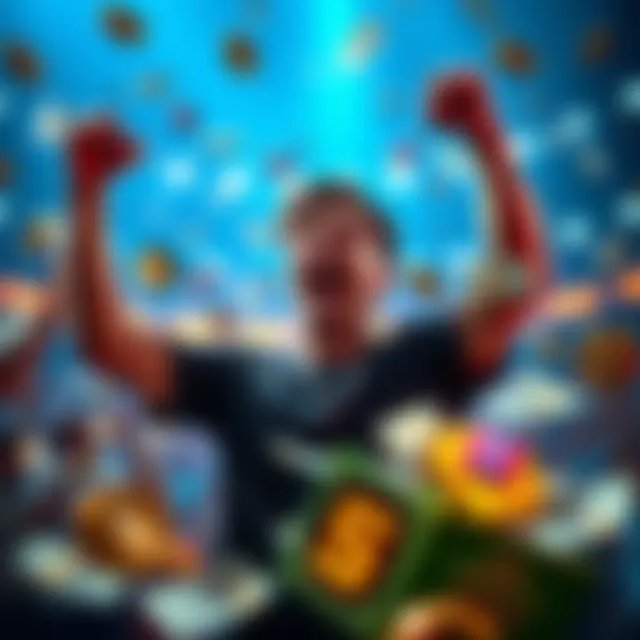 A person celebrating a big win on DraftKings and FanDuel with money and jackpot symbols around