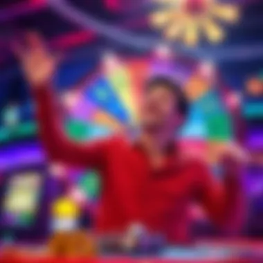 Jackpot Wheel Spin Victory A person joyfully spinning a jackpot wheel with colorful sections, celebrating a small win.