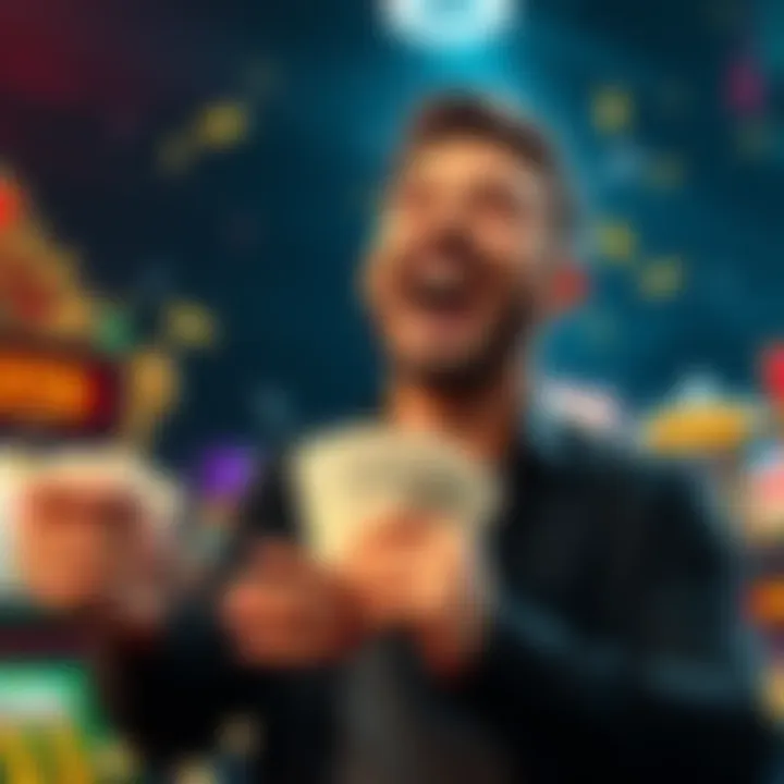 A thrilled person holding cash and smiling after winning a jackpot with a small bet.