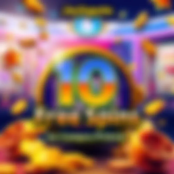 A vibrant casino-themed graphic showing a slot machine and the text '10 Free Spins' with playful elements like coins and lucky symbols.