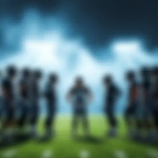 A group of players in Jaguars uniforms discussing strategies on the field