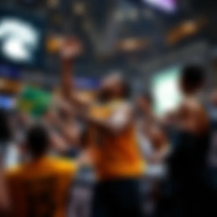 Fans celebrating Jalen Brunson with banners and jerseys at a basketball event