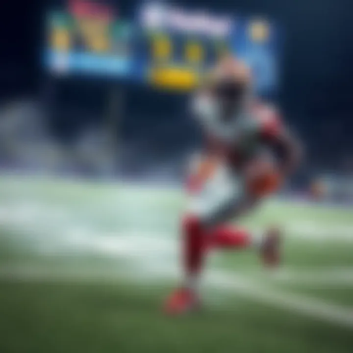 Javonte Williams running on the field, with a scoreboard visibly showing his rushing yards