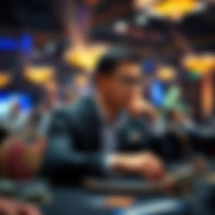 Jerry Yang confidently playing poker at the Main Event, focused and engaged in the game while Alex Foxen watches from another table