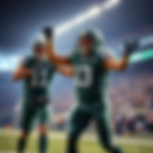Jets players celebrating a touchdown New York Jets players in green jerseys celebrating a touchdown during a game