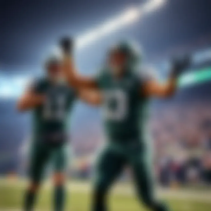 Jets players celebrating a touchdown New York Jets players in green jerseys celebrating a touchdown during a game