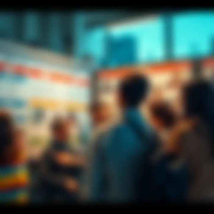 A group of diverse professionals looking at job listings on a bulletin board.