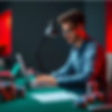 Job Search After Poker A person revises their resume while sitting at a desk, looking focused and determined, with a laptop open and job listings visible on the screen.