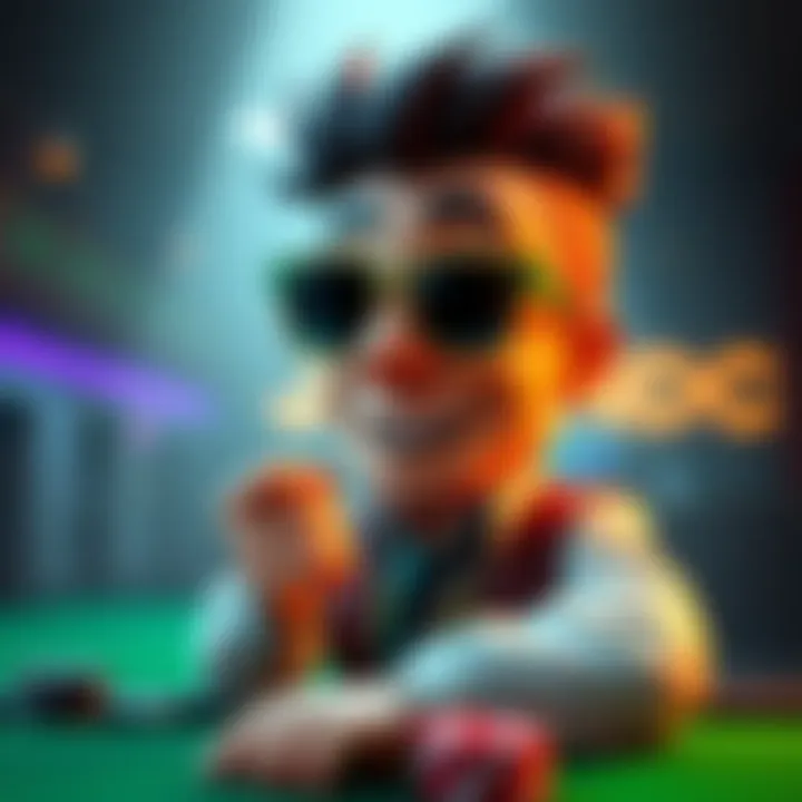 A cartoon character named John Poker, wearing sunglasses and holding a poker chip, bringing humor to the college poker club.