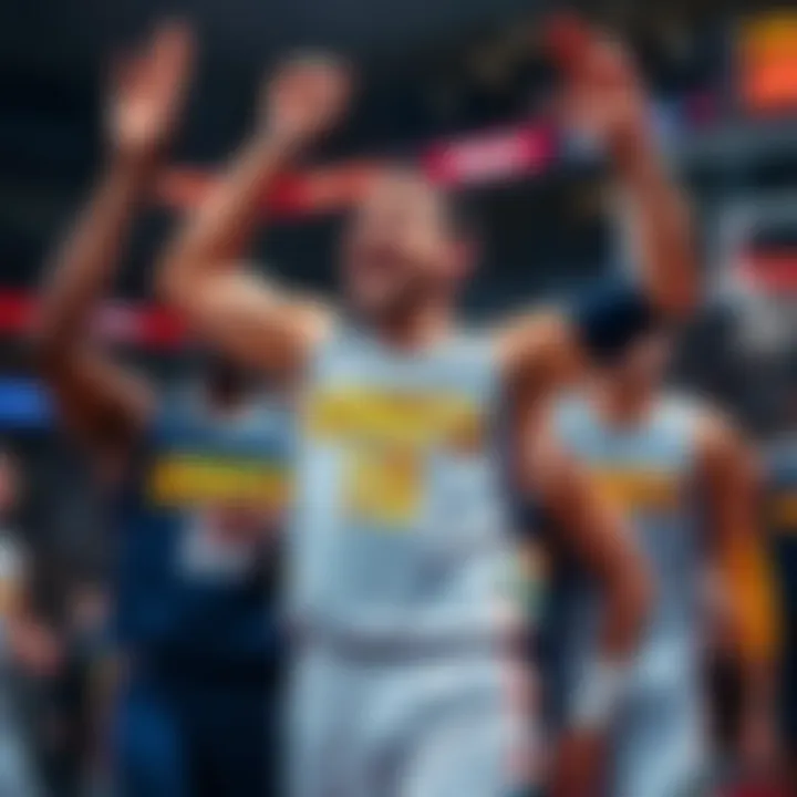 Nikola Jokic celebrating with Denver Nuggets teammates after a game