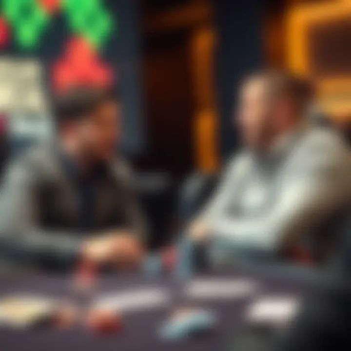 Josh Arieh and Chris Brewer talk about financial breakdown in gaming at a table with poker chips and cards