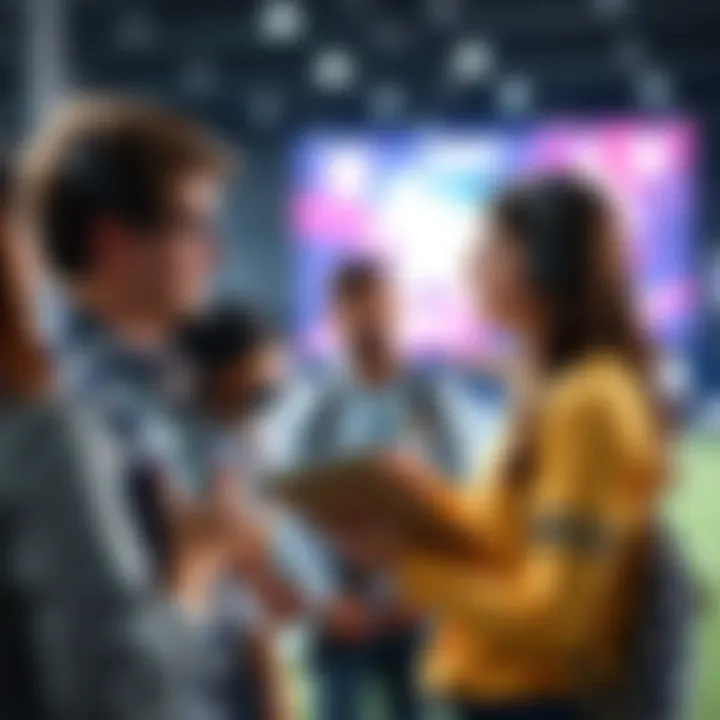 A journalism student holds a notebook while talking to a group of people about their sports betting experiences, highlighting their stories.