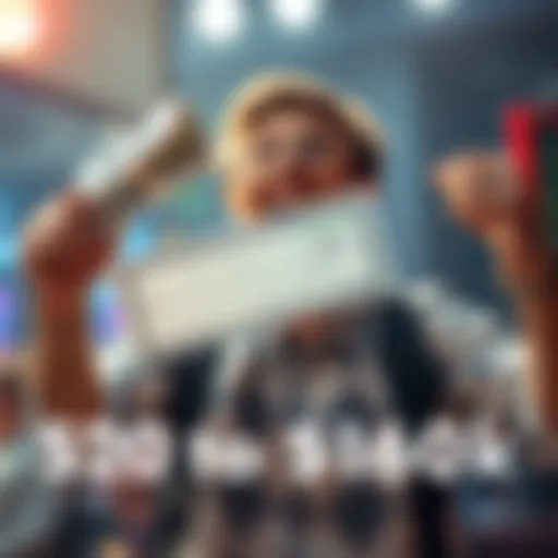 A person celebrating with cash and a betting slip, representing a successful gambling journey, highlighting a transformation from a small amount to a substantial win.