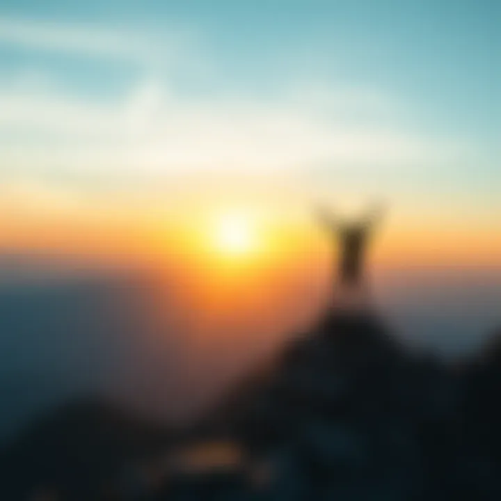 A person standing triumphantly on a mountain peak with a sunset in the background, symbolizing the achievement of wealth and success after overcoming challenges.