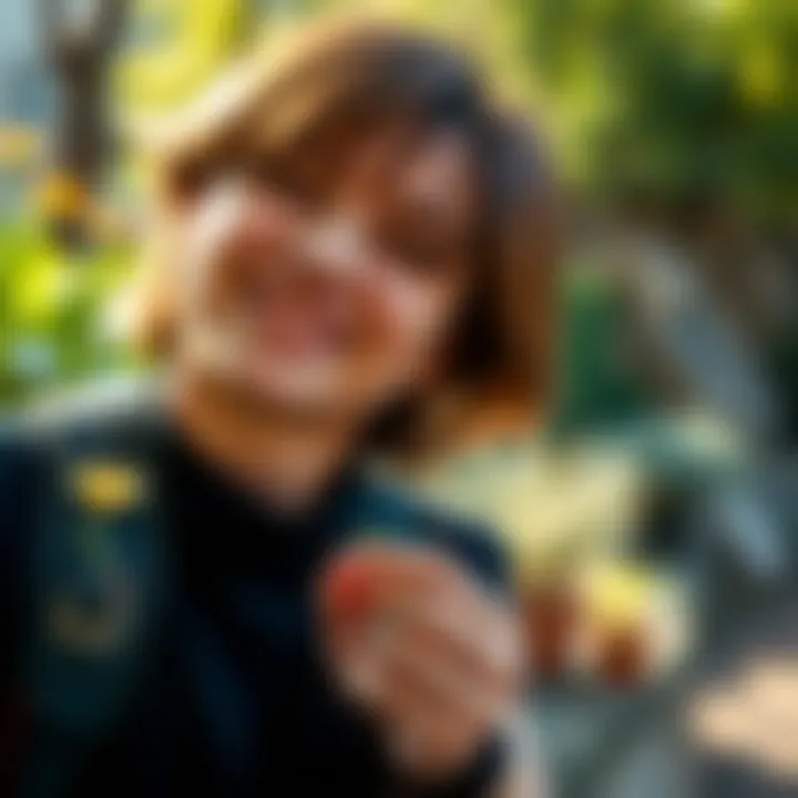 A person smiling while enjoying a small flower in their hand, surrounded by nature