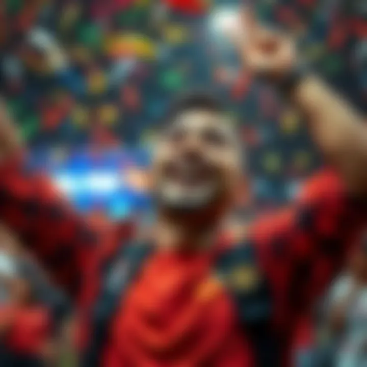 A person celebrating their victory with a big smile and confetti falling around them.