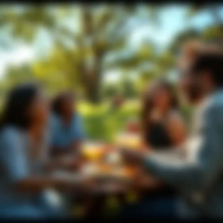 A group of friends laughing and enjoying a picnic in a sunny park, sharing food and smiles.