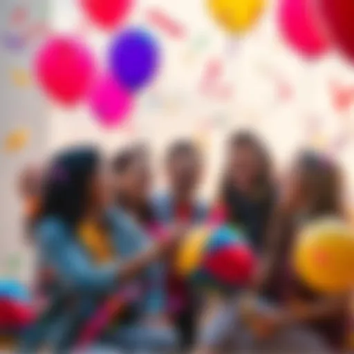 Joyful moments of surprise A group of friends laughing and celebrating a small surprise party with balloons and confetti