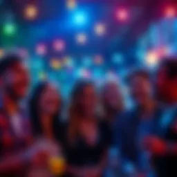 Group of friends enjoying a lively night with laughter and smiles under colorful lights