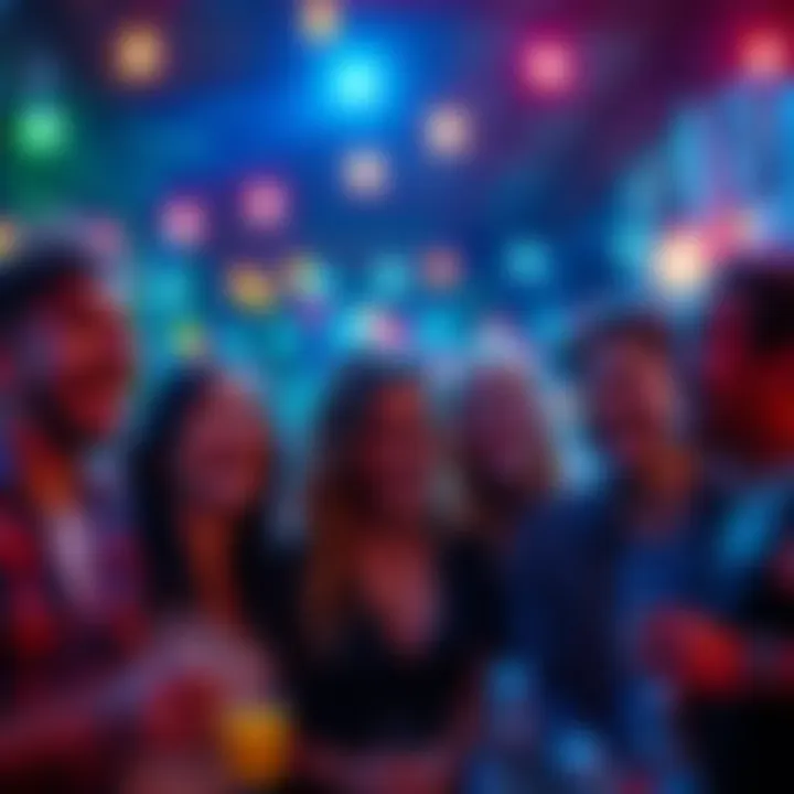 Joyful Night Out Group of friends enjoying a lively night with laughter and smiles under colorful lights
