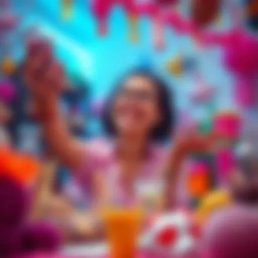 Joyful Spending A person happily exploring fun ways to spend extra money, surrounded by colorful items and playful decorations.