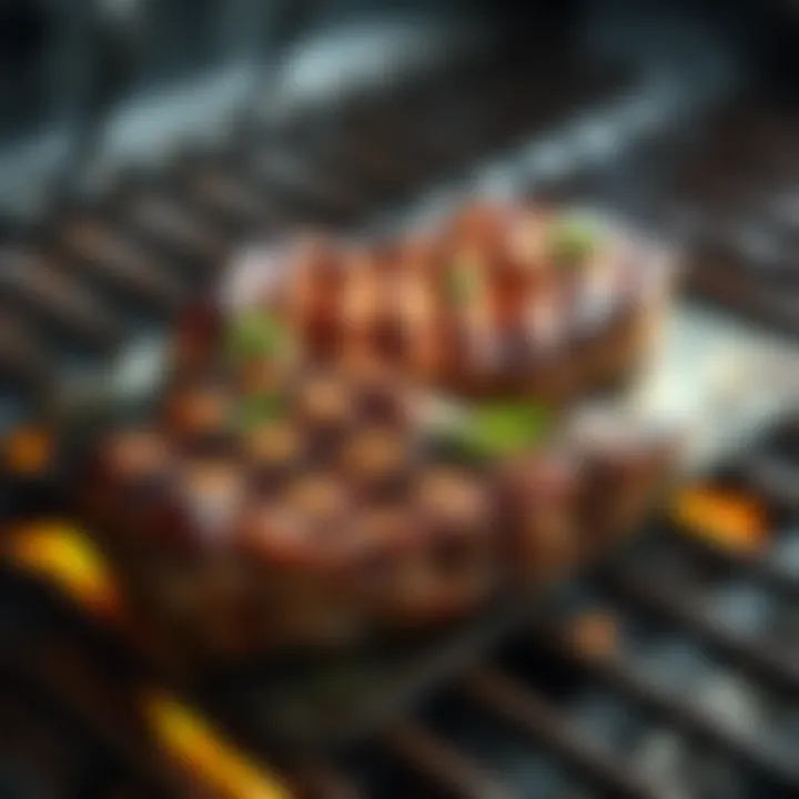 A perfectly cooked skirt steak with a nice crust resting on a grill, showing a slightly juicy interior