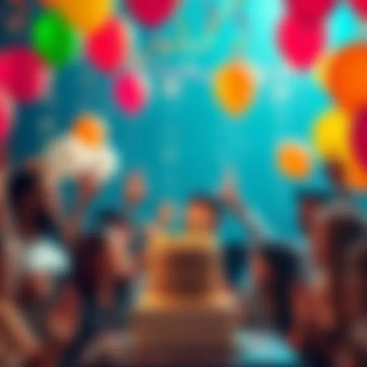 A festive gathering of people celebrating a June birthday bonus with balloons and cake.