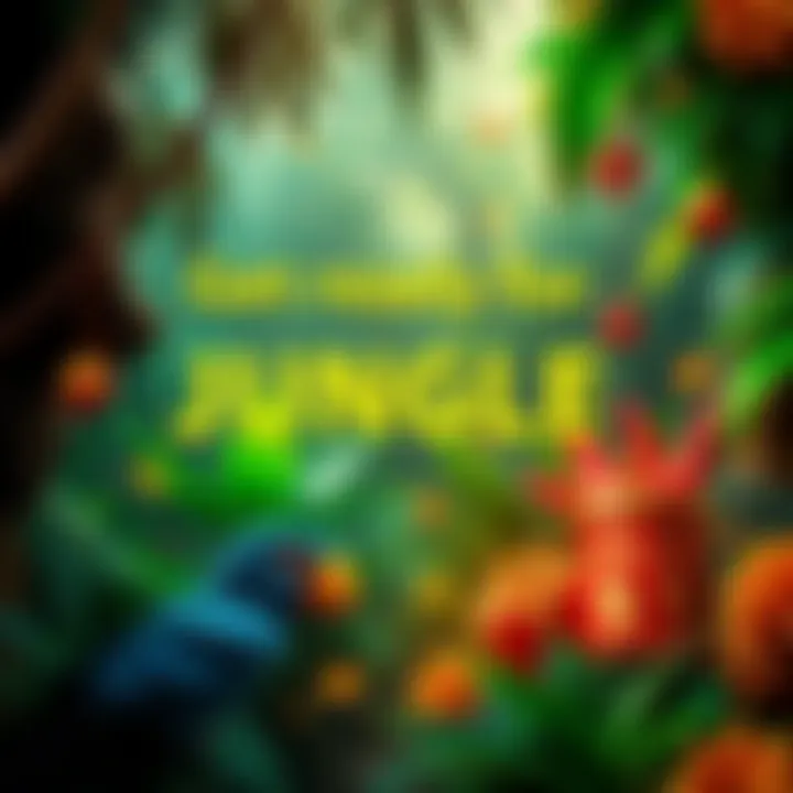 A vibrant jungle scene with symbols of bonuses and offers in the foreground, representing the JUNGLE code available on .us and .com sites