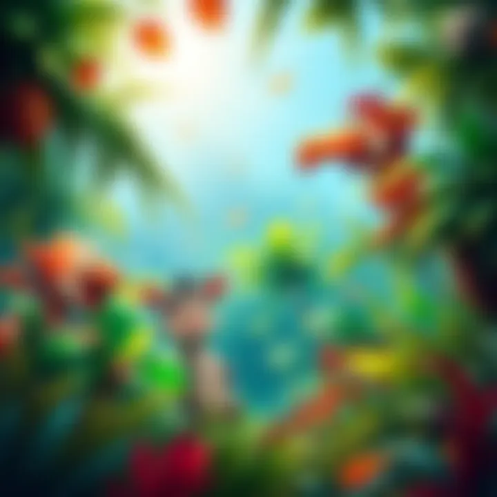 A colorful scene from Jungle Stripes showing vibrant jungle graphics and playful animal characters.