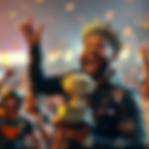 Jungleman celebrating his victory over Monarch with a trophy and cash, showing excitement and triumph.