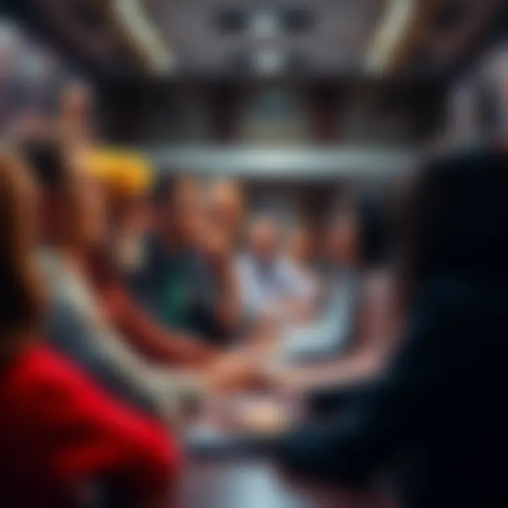 A group of diverse people discussing fairness and justice in a public forum setting.