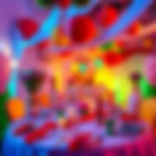 Decorations and party setup for a K. George themed night, featuring vibrant colors and themed table settings