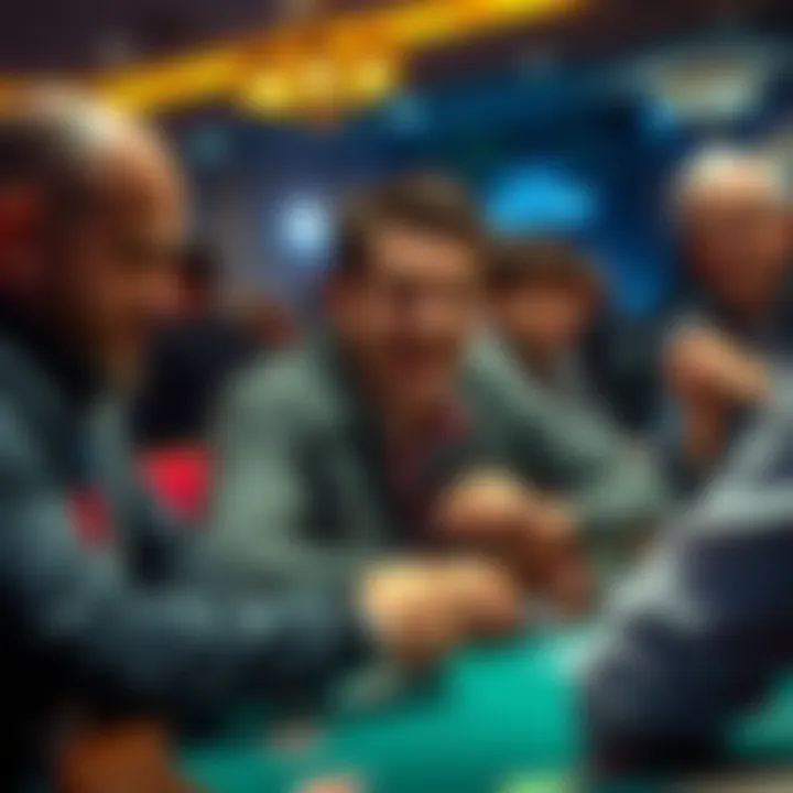 Kabrhel in a poker tournament showing excitement and engaging with other players, contrasting with serious competitors like Vogelsang.