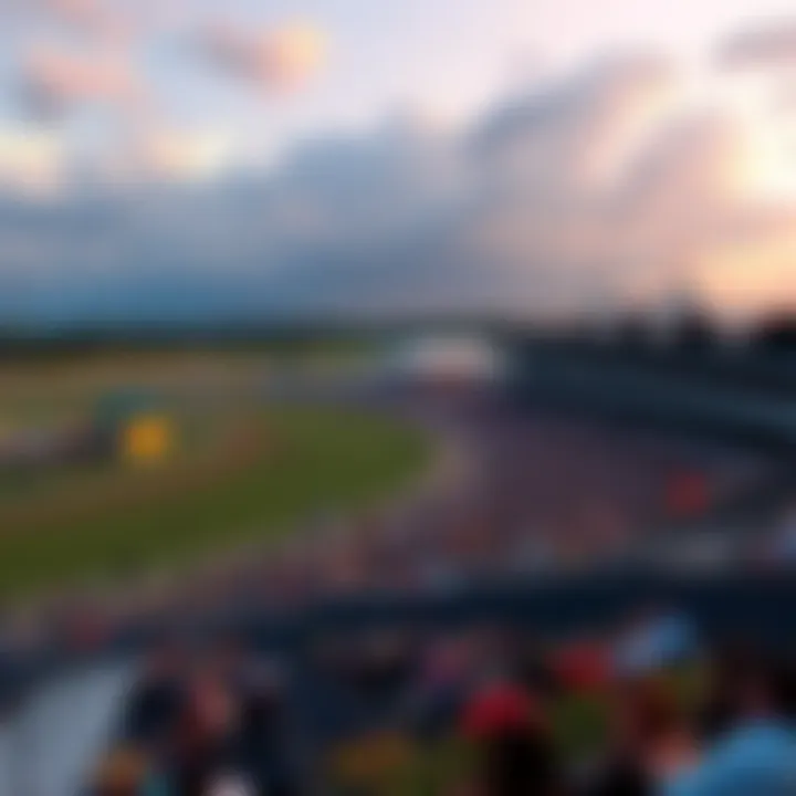 View of Keeneland racetrack with people seated in the grandstand, highlighting preferred seating areas
