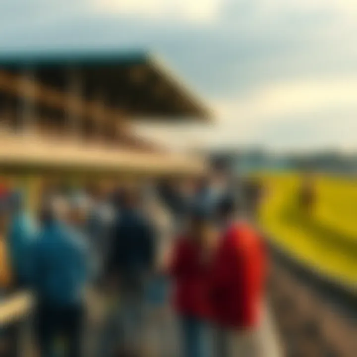 A horse race at Keeneland with people placing bets at the track.