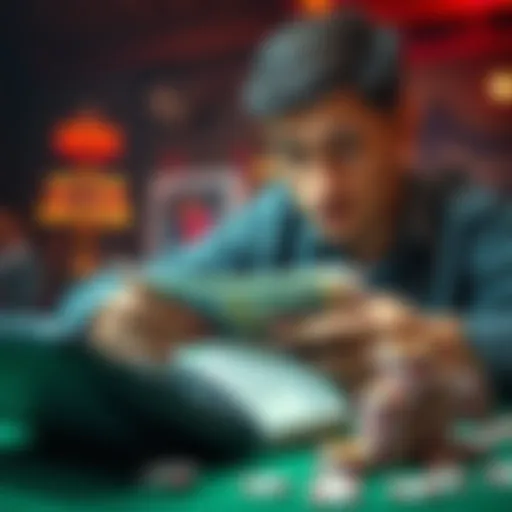 A person counting cash with a concerned expression, surrounded by gambling chips and a calculator