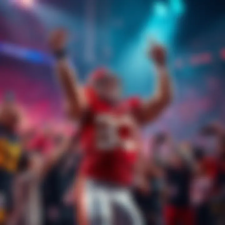 Kelce celebrates a touchdown, surrounded by fans cheering and holding smartphones, capturing the moment on social media