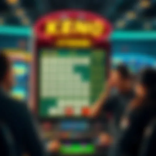 A colorful Keno Xtreme game screen showing numbers and betting options, with players looking frustrated in the background.