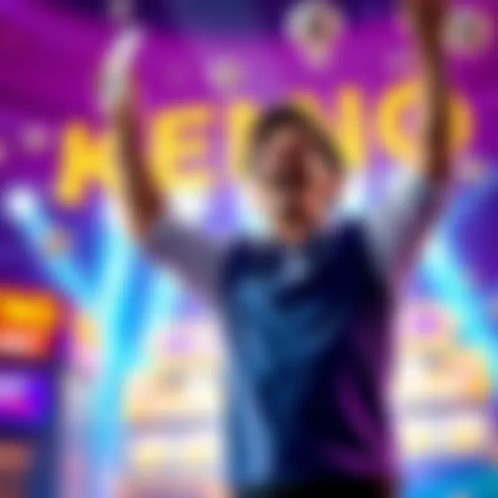 A thrilled gambler celebrating a big win in Keno Extrem, showing joy with raised arms and a winning ticket in hand.