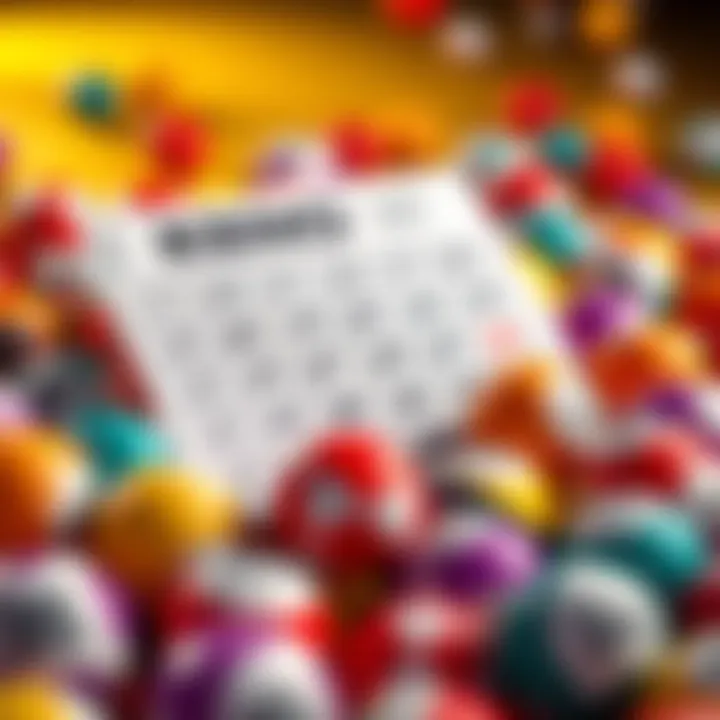 A Keno game card with selections marked and colorful lottery balls scattered around it