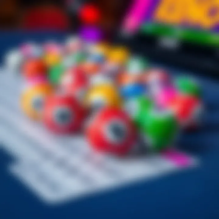 A close-up of a Keno game setup showing colorful numbered balls and a betting card on a table