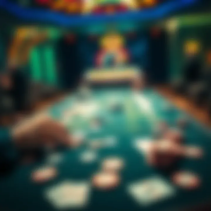 Keno game table with betting slips A person placing bets on a Keno game table, surrounded by cards and chips.