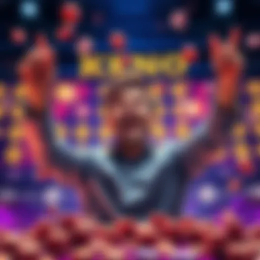 A person celebrating a big win in a Keno game after a small deposit, with Keno numbers and chips in the background.