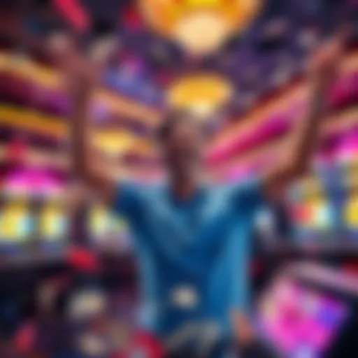 A joyful person celebrating a big win while playing Keno at a gaming venue, surrounded by cash and confetti.