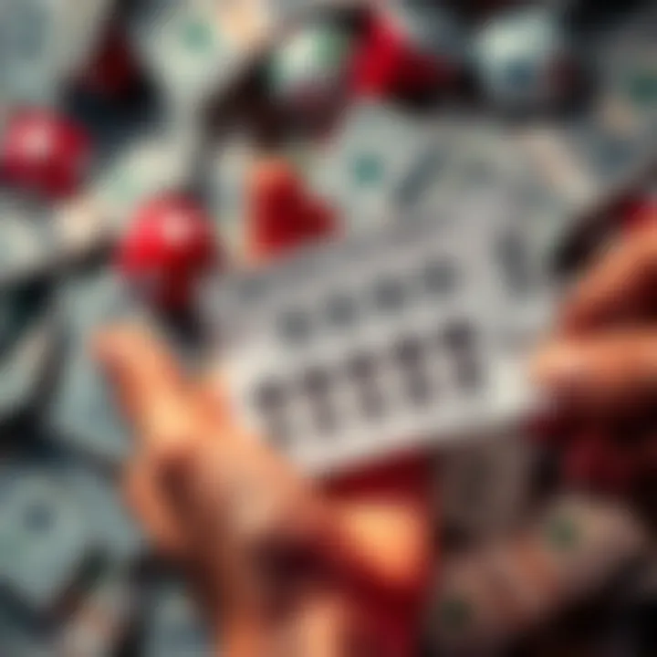 A hand holding a lottery ticket with the Keno numbers printed on it, showing winning results and cash prizes. Money bills are scattered around the ticket, emphasizing the surprise win.