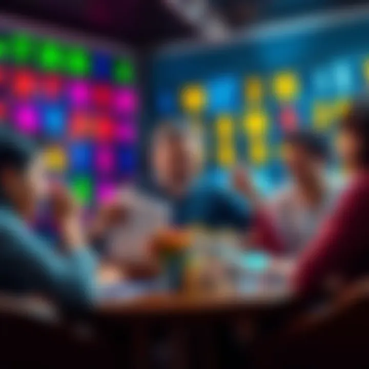 A person excitedly checking their Keno tickets, celebrating unexpected winnings with friends around a table, colorful Keno numbers in the background.