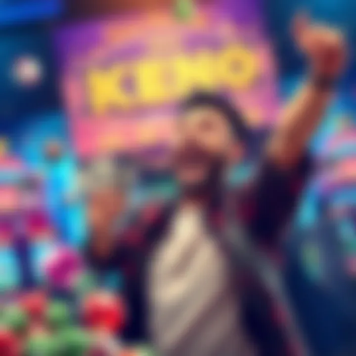 A happy player celebrating a big win in a Keno game, holding cash and showing excitement.