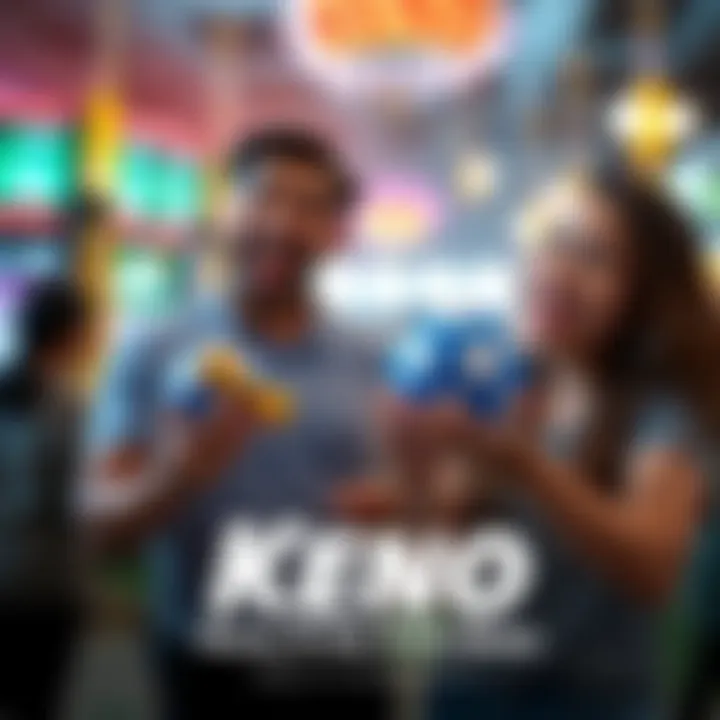 Keno Race with Winners Two excited winners holding their Keno prizes at a lively game event