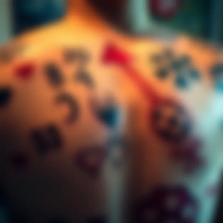 Various keno-inspired tattoo designs featuring numbers and symbols on skin