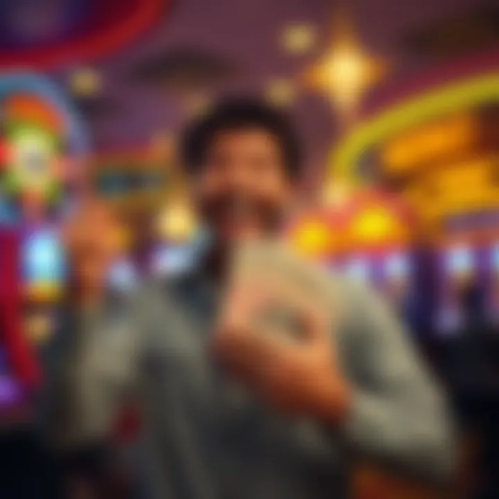 A happy person celebrating a Keno win, holding cash and looking excited in a casino setting.